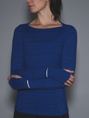 Lululemon Kanto Catch Me Long Sleeve Kanto Stripe Sapphire Blue Black Size 10